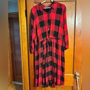 Red and Black Plaid Shirt Dress